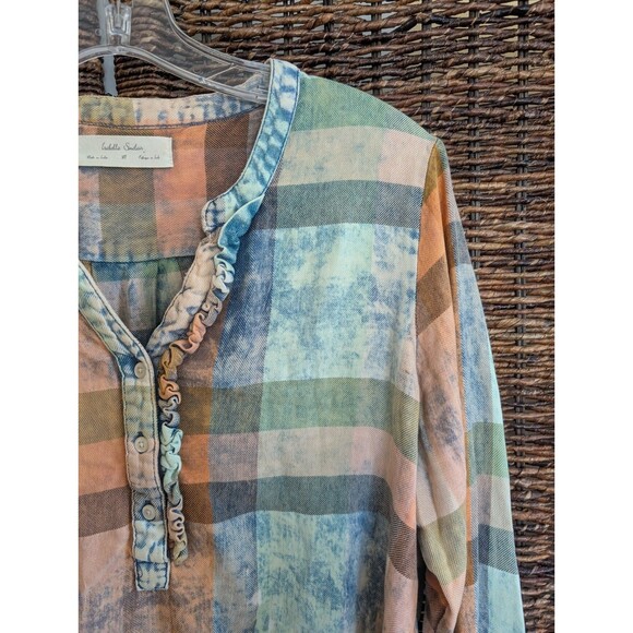 Anthropologie Isabella Sinclair Buffalo Plaid Check Ruffle Chambray Henley Shirt - Picture 2 of 9